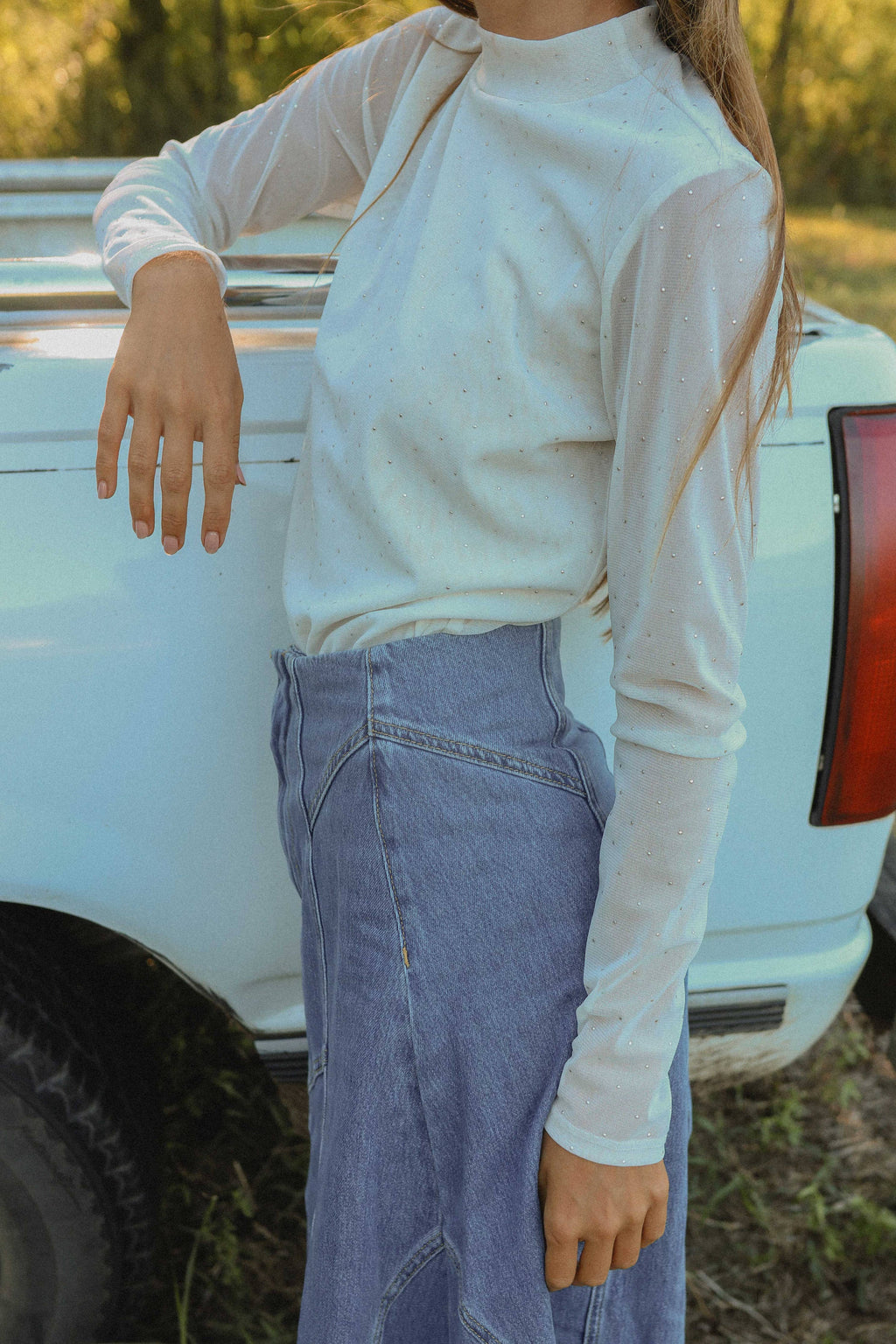 Embellished White Mesh Top