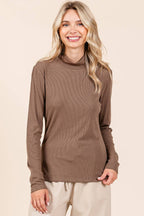 RIB MOCK NECK LONG SLEEVE KNIT TOP: MOCHA / S-M-L