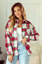 Christmas Plaid Casual Flannel Shacket: Red / L