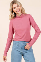 RIB MOCK NECK LONG SLEEVE KNIT TOP: FRENCH MAUVE / S-M-L