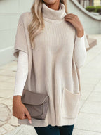 Knit Casual Turtleneck Pocketed Short Sleeve Tunic Sweater: Jet Stream / M