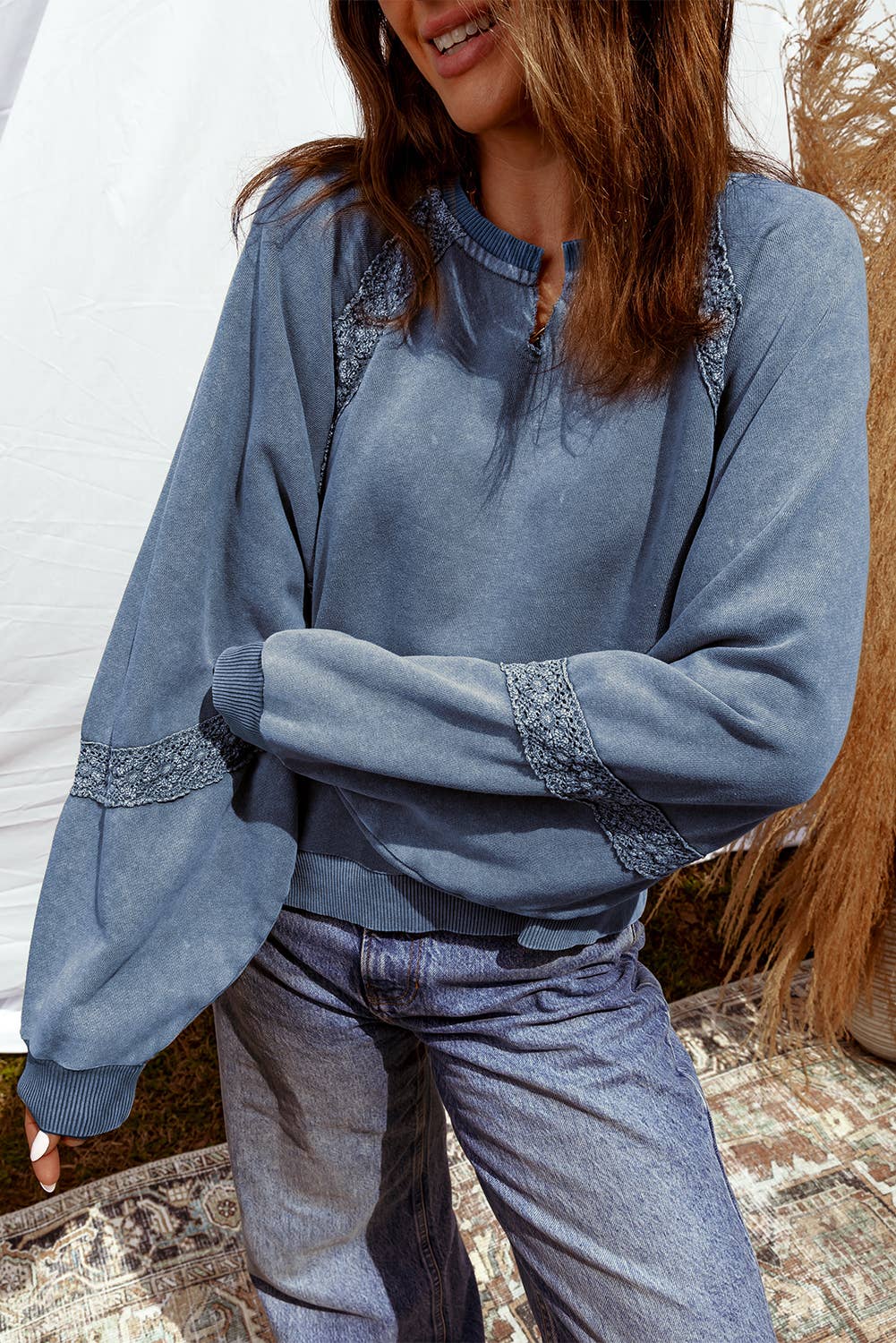 Blue Soft Fade Lace Patchwork Top