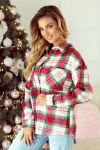Christmas Plaid Casual Flannel Shacket: Red / S