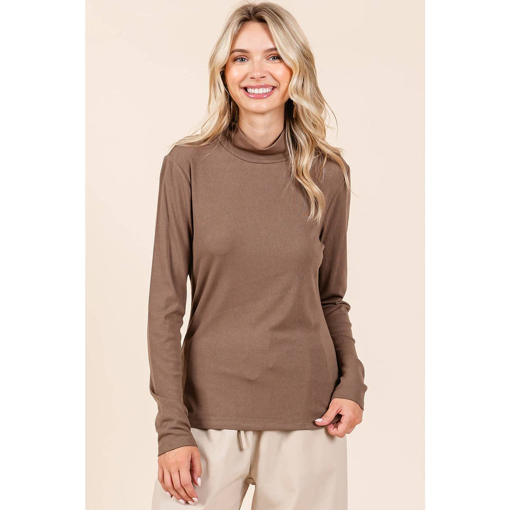 RIB MOCK NECK LONG SLEEVE KNIT TOP: MOCHA / S-M-L