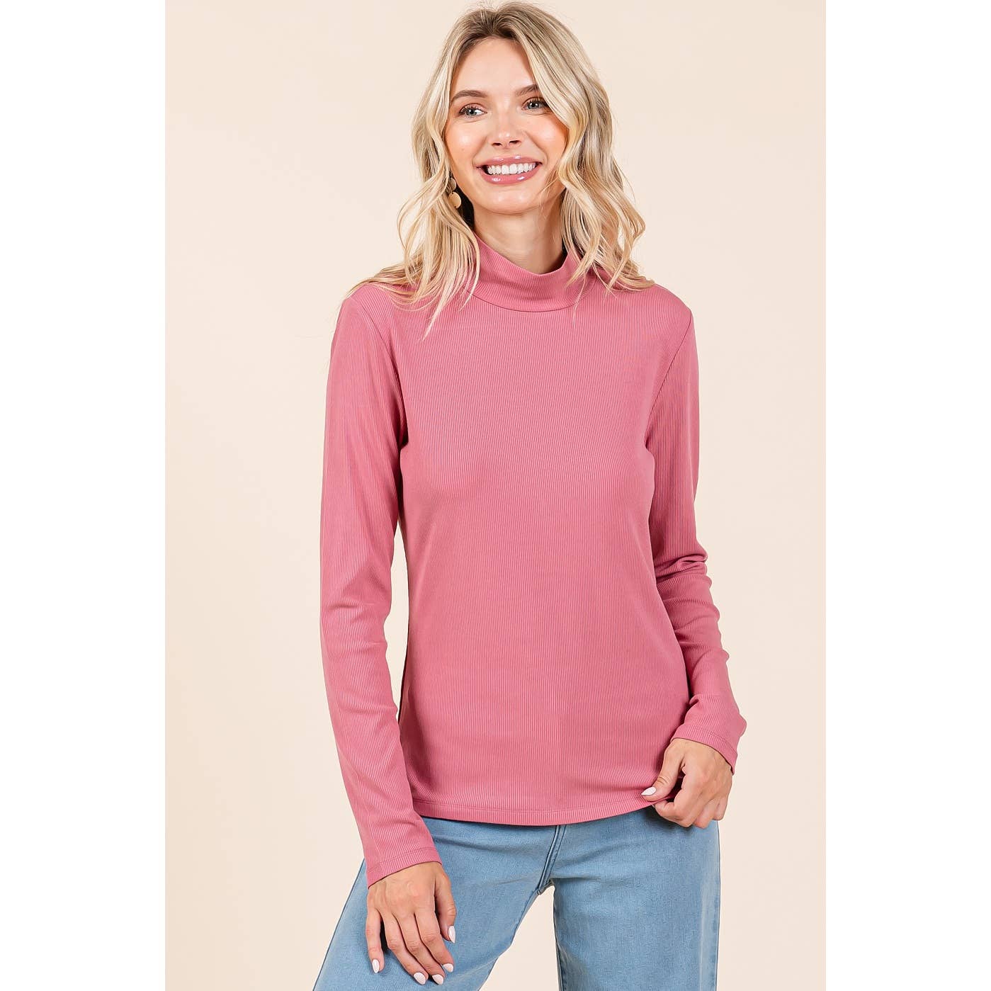 RIB MOCK NECK LONG SLEEVE KNIT TOP: FRENCH MAUVE / S-M-L