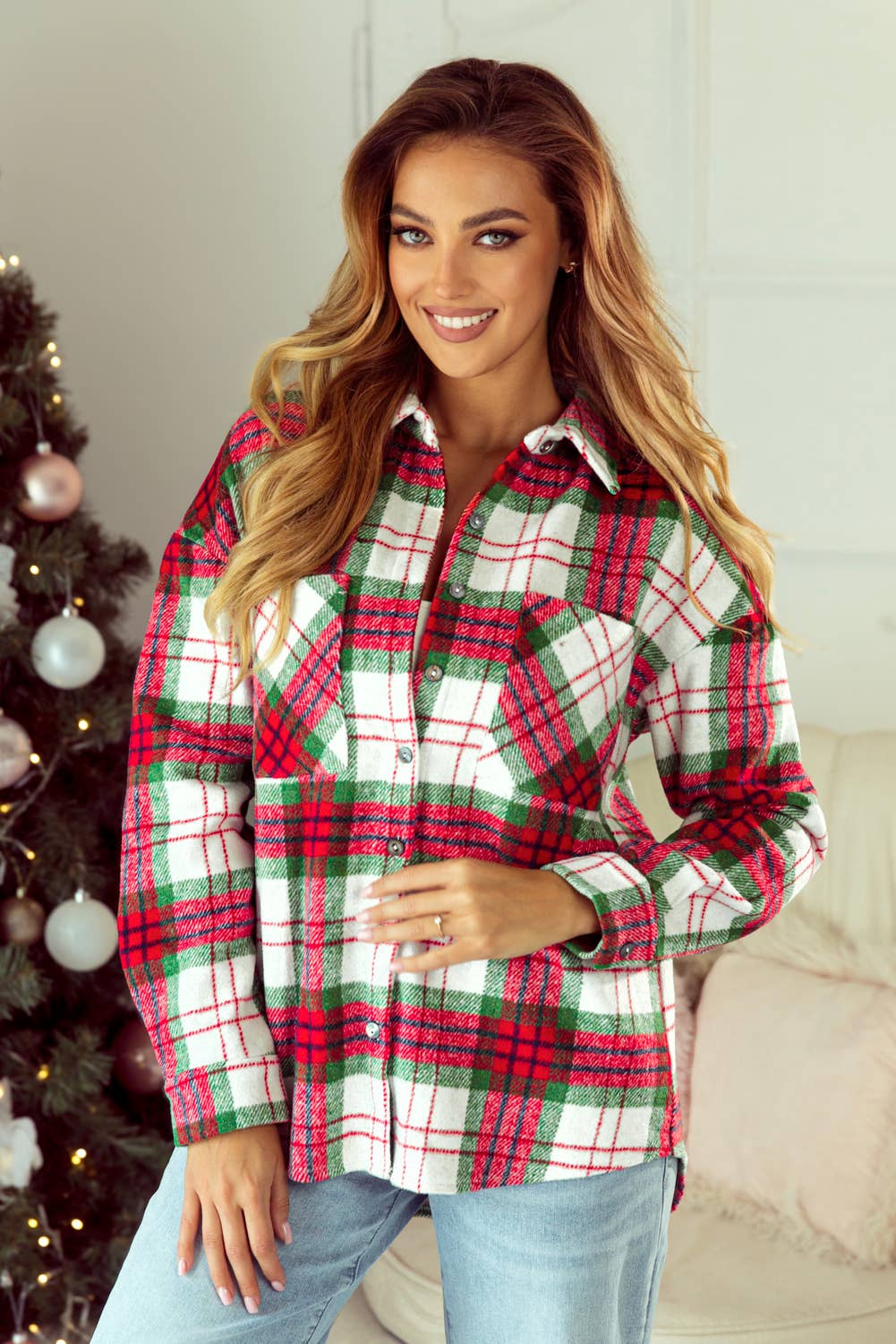 Christmas Plaid Casual Flannel Shacket: Red / M