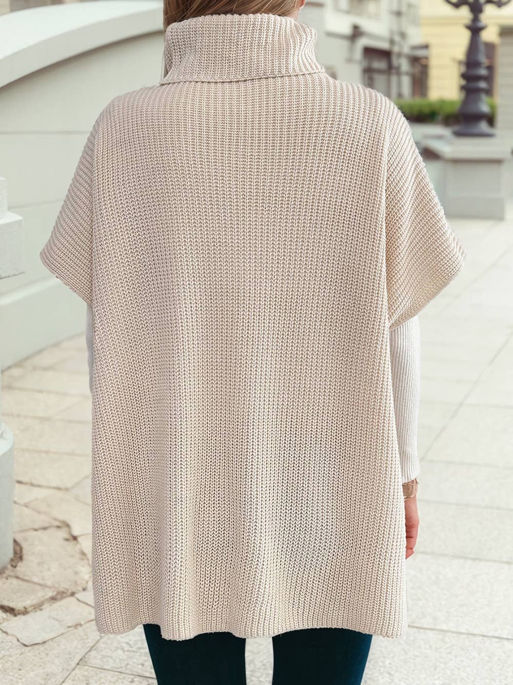 Knit Casual Turtleneck Pocketed Short Sleeve Tunic Sweater: Jet Stream / L