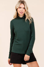RIB MOCK NECK LONG SLEEVE KNIT TOP: HUNTER GREEN / S-M-L