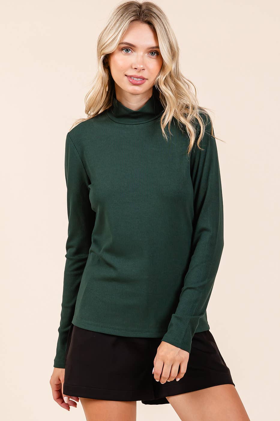 RIB MOCK NECK LONG SLEEVE KNIT TOP: HUNTER GREEN / S-M-L