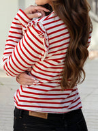 Stripe Round Neck Ruffle Trim Long Sleeve Top: Red / M