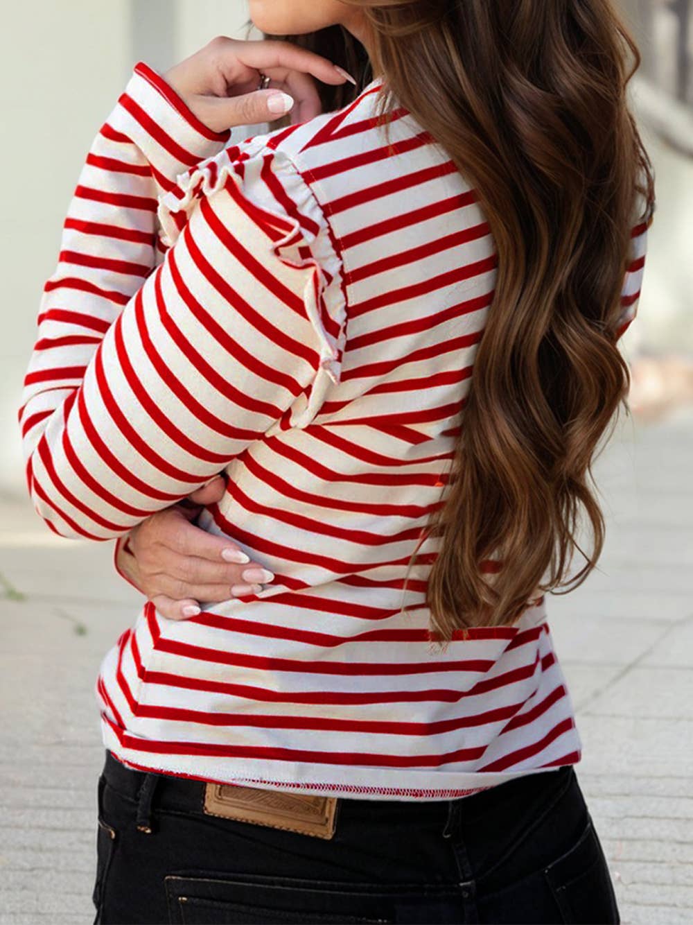 Stripe Round Neck Ruffle Trim Long Sleeve Top: Red / S