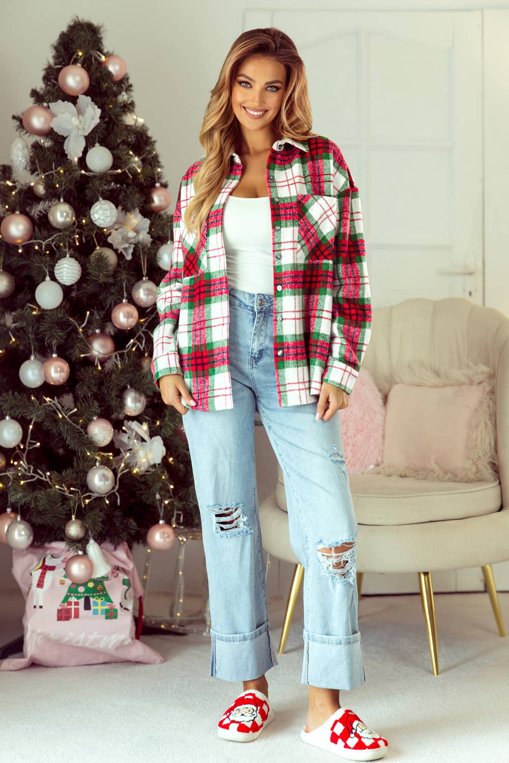 Christmas Plaid Casual Flannel Shacket: Red / M
