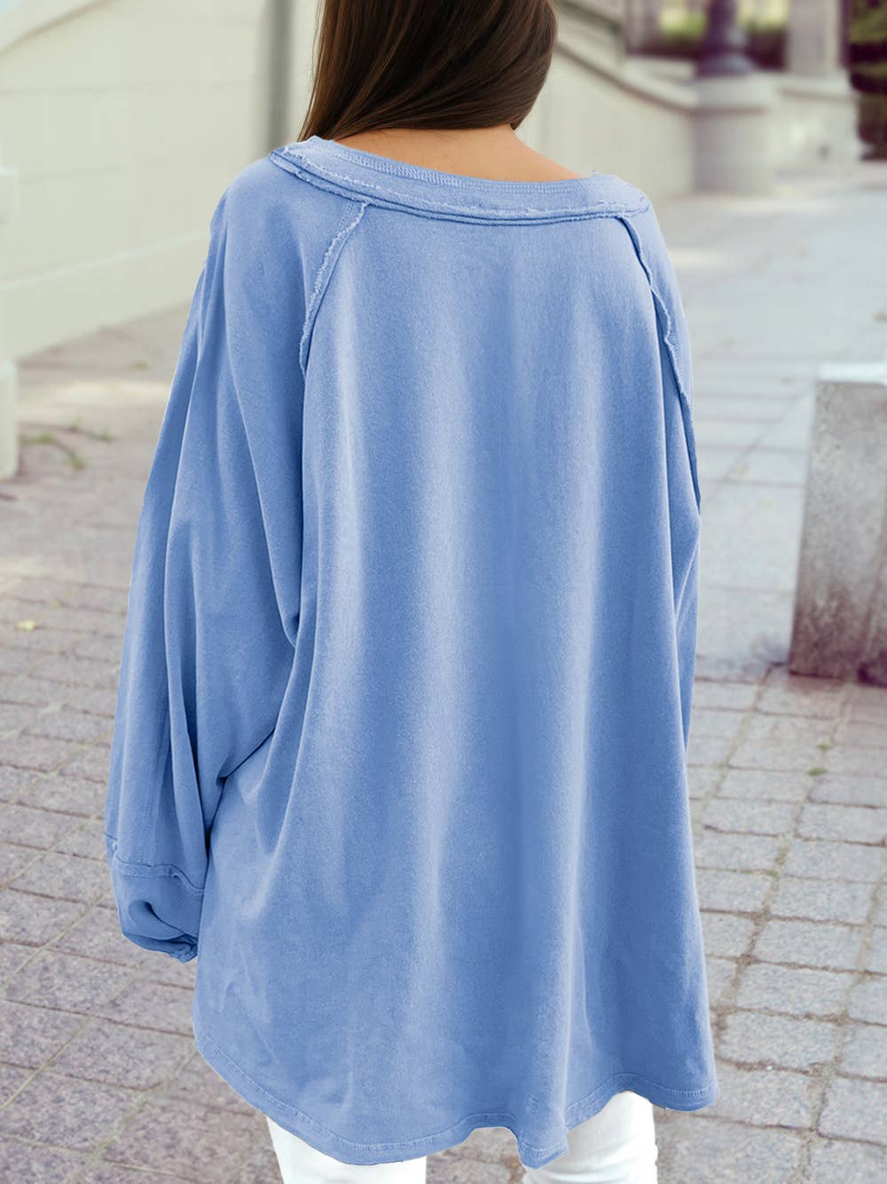 Solid Color Raw Seam Patchwork Baggy Sweatshirt: Beau Blue / S