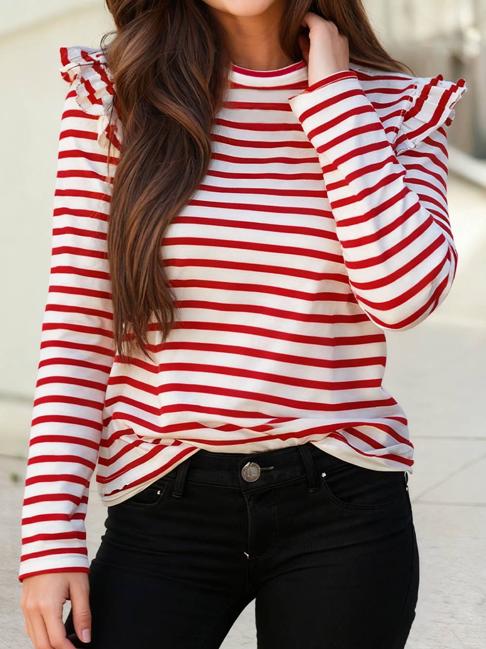 Stripe Round Neck Ruffle Trim Long Sleeve Top: Red / S